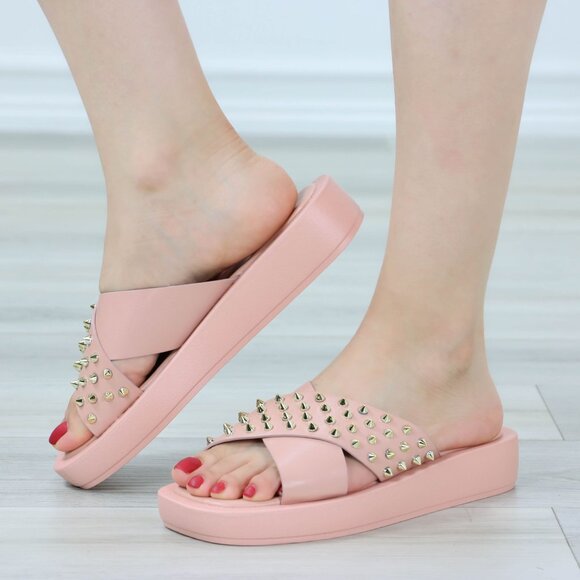 Pink Flat Sliders Sandals Slip On Faux Leather Gold Metal Stud Cross Over - Picture 11 of 14
